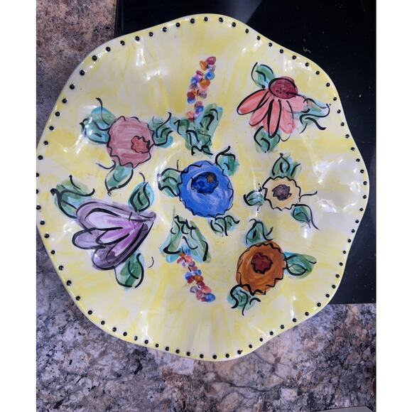 Hand-Painted Floral Ceramic Bowl – 12" Vintage Art Pottery - Picture 2 of 6